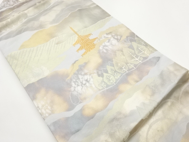 JAPANESE KIMONO / TREES / CLOUD PATTERNS A TEMPLE WOVEN NAGOYA OBI
